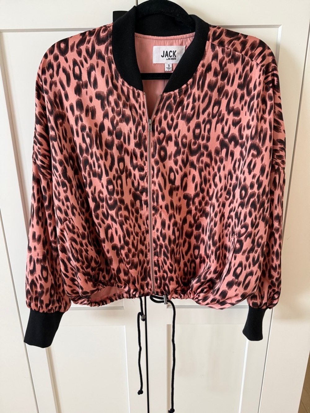 Jack by BB Dakota Pink Leopard Print Bomber Jacket with Black Trim